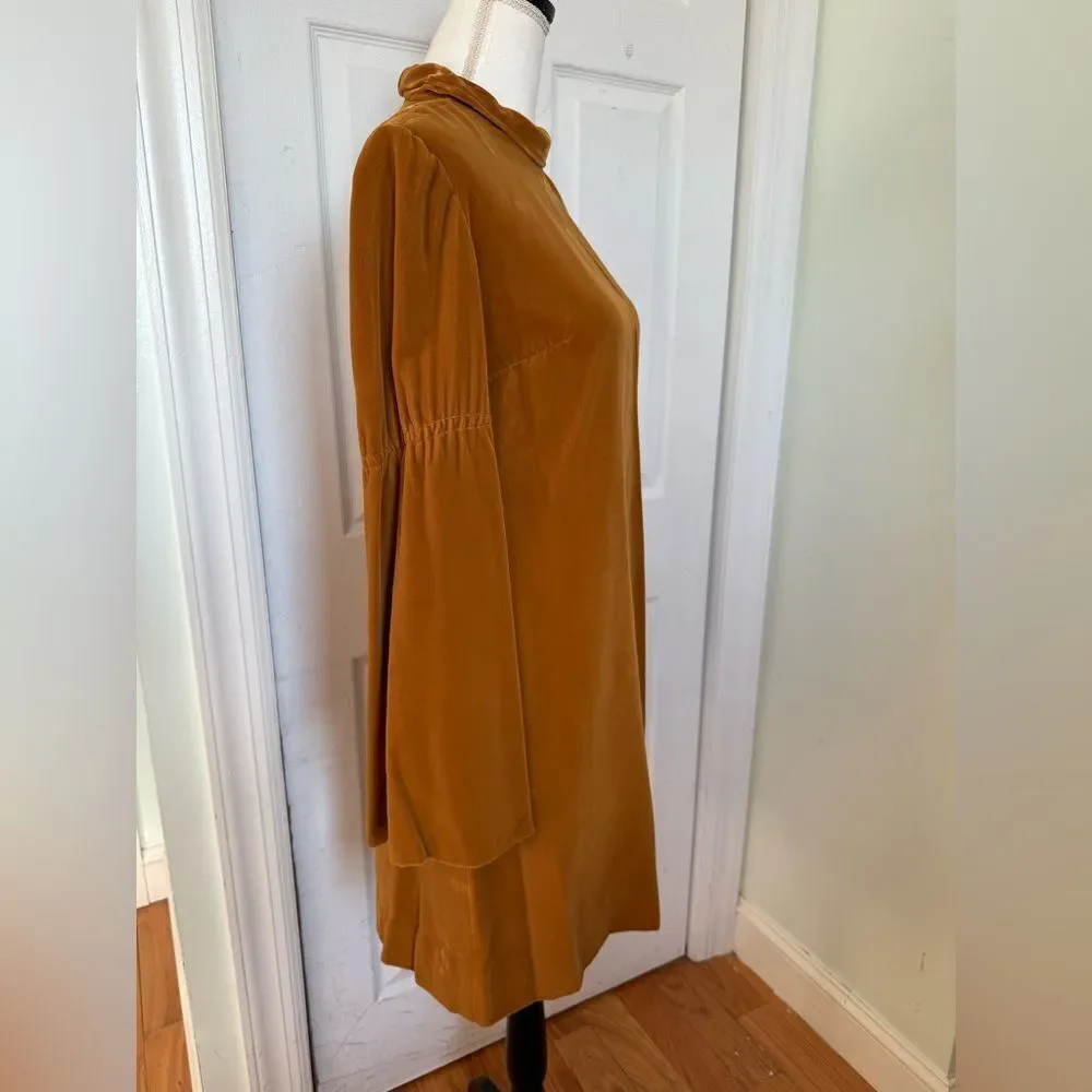 1970s Mustard Colored Rich Velvet High-Collar Dress